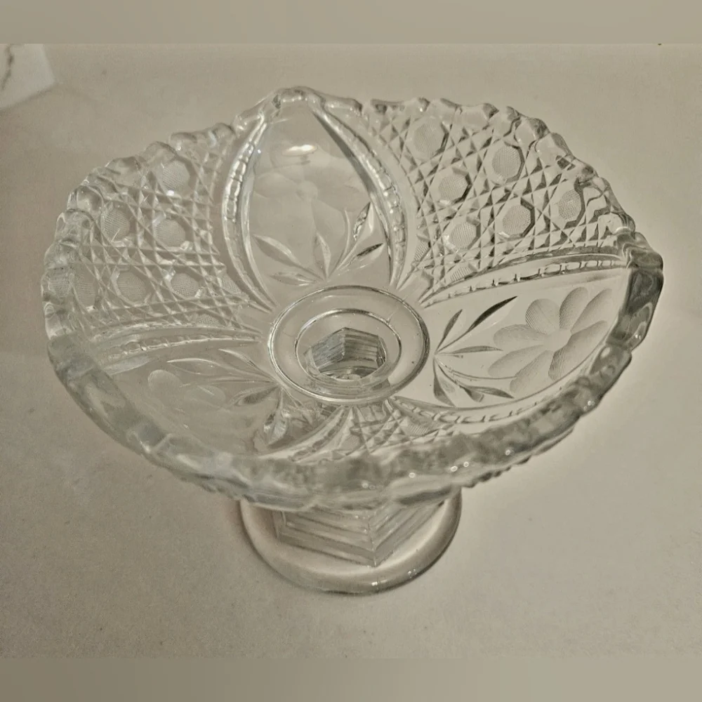 Vintage Pressed/Cut Glass Pedestal Footed Candy Dish Floral
